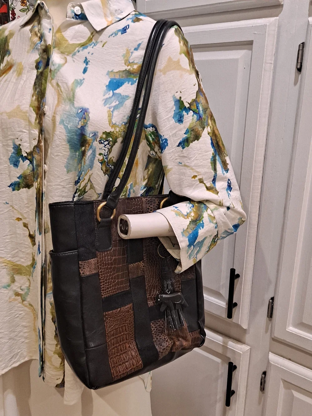 Bueno Collection Vintage Patchwork Mixed Leather Shoulder Bag Brown Black Animal